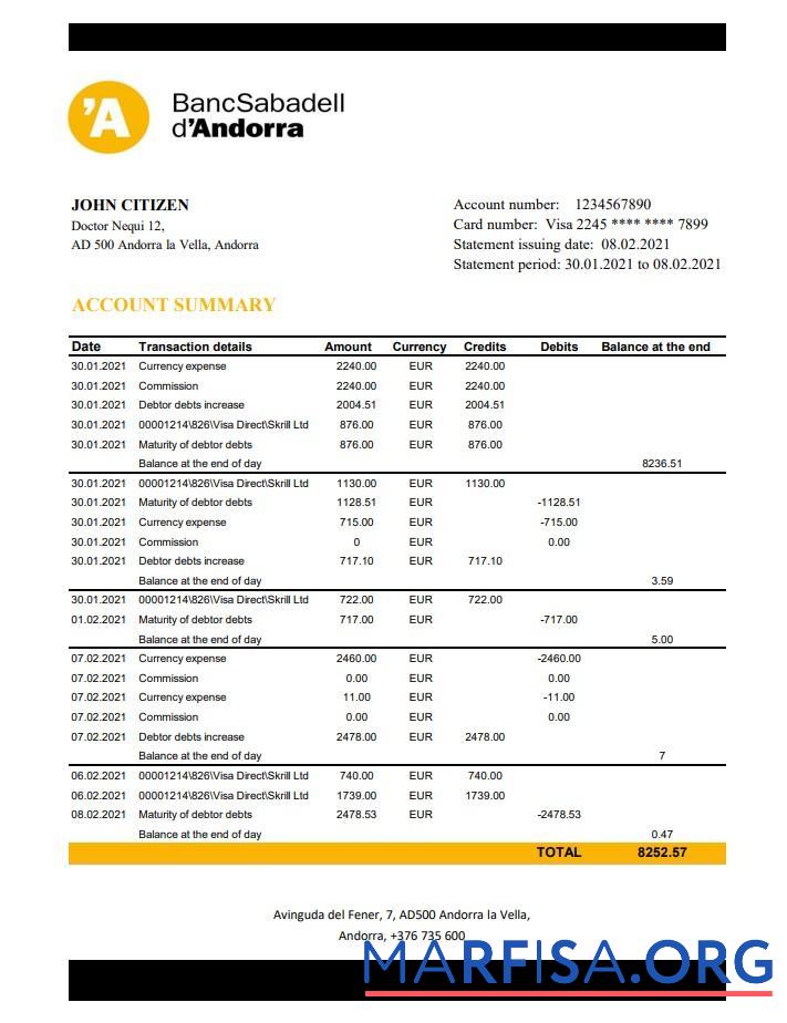 Printable Andorra BancSabadell d’Andorra bank statement excel example